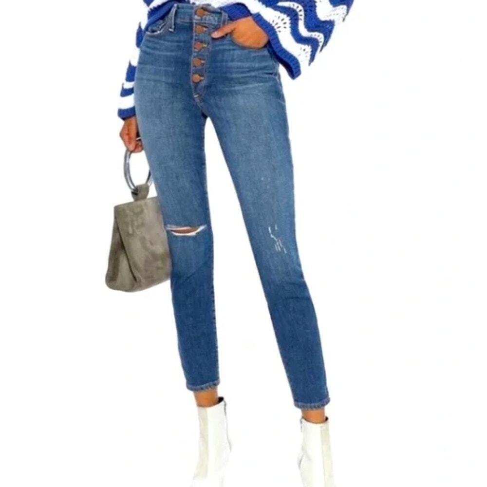 Alice + Olivia High Waisted Button Fly Distressed Knee Skinny Jeans Blue size 28